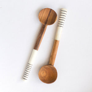 JustOne's small handcrafted, wooden, coffee spoon with striped handle made of ethically sourced bone, made in Kenya