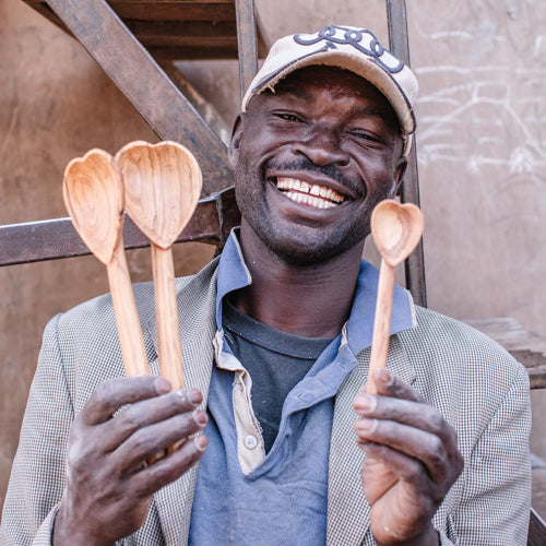 JustOne's large wooden spoon with heart scoop, handcrafted in Kenya