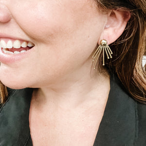 JustOne's brass earrings with lines coming out of the stud to resemble sunshine, handcrafted in Kenya