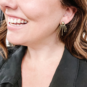 JustOne's brass earrings with lines coming out of the stud to resemble sunshine, handcrafted in Kenya