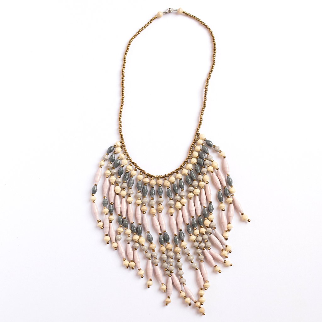 JustOne's necklace with several dangling strings of paper beads in grey, pink, and tan colours, handcrafted in Uganda