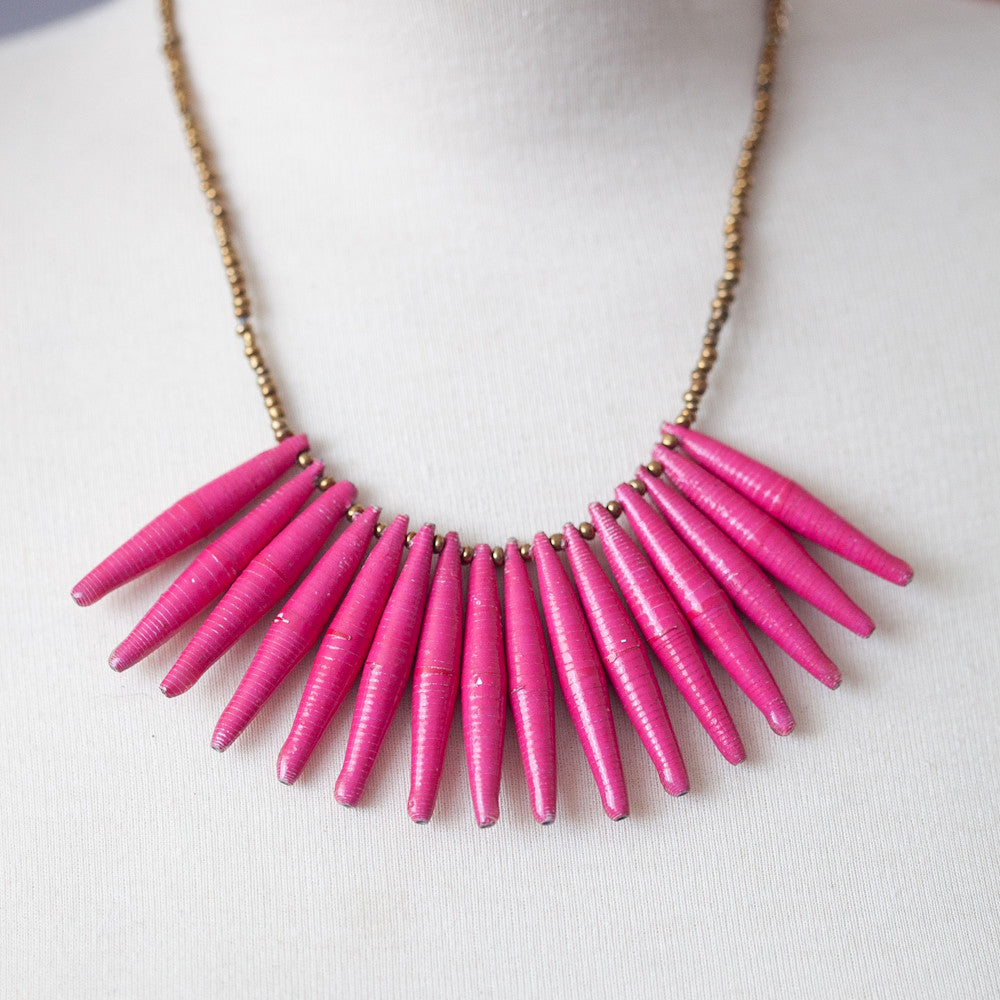 Pink Paper Bead Fringe Necklace