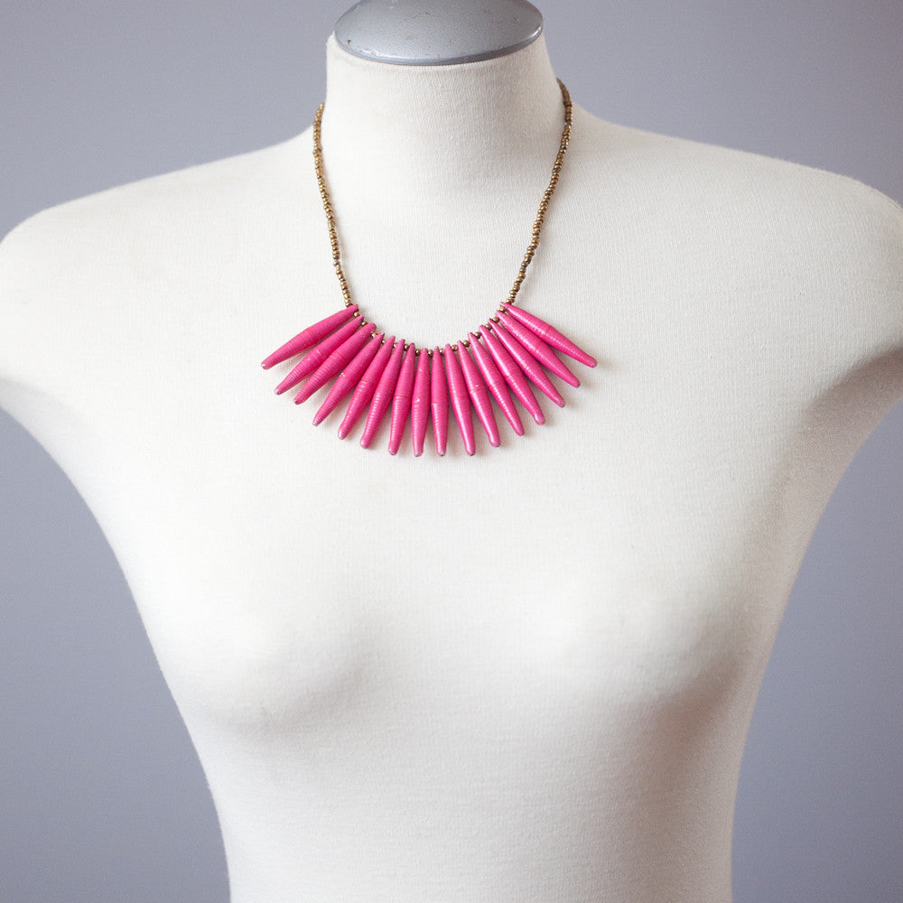 Pink Paper Bead Fringe Necklace