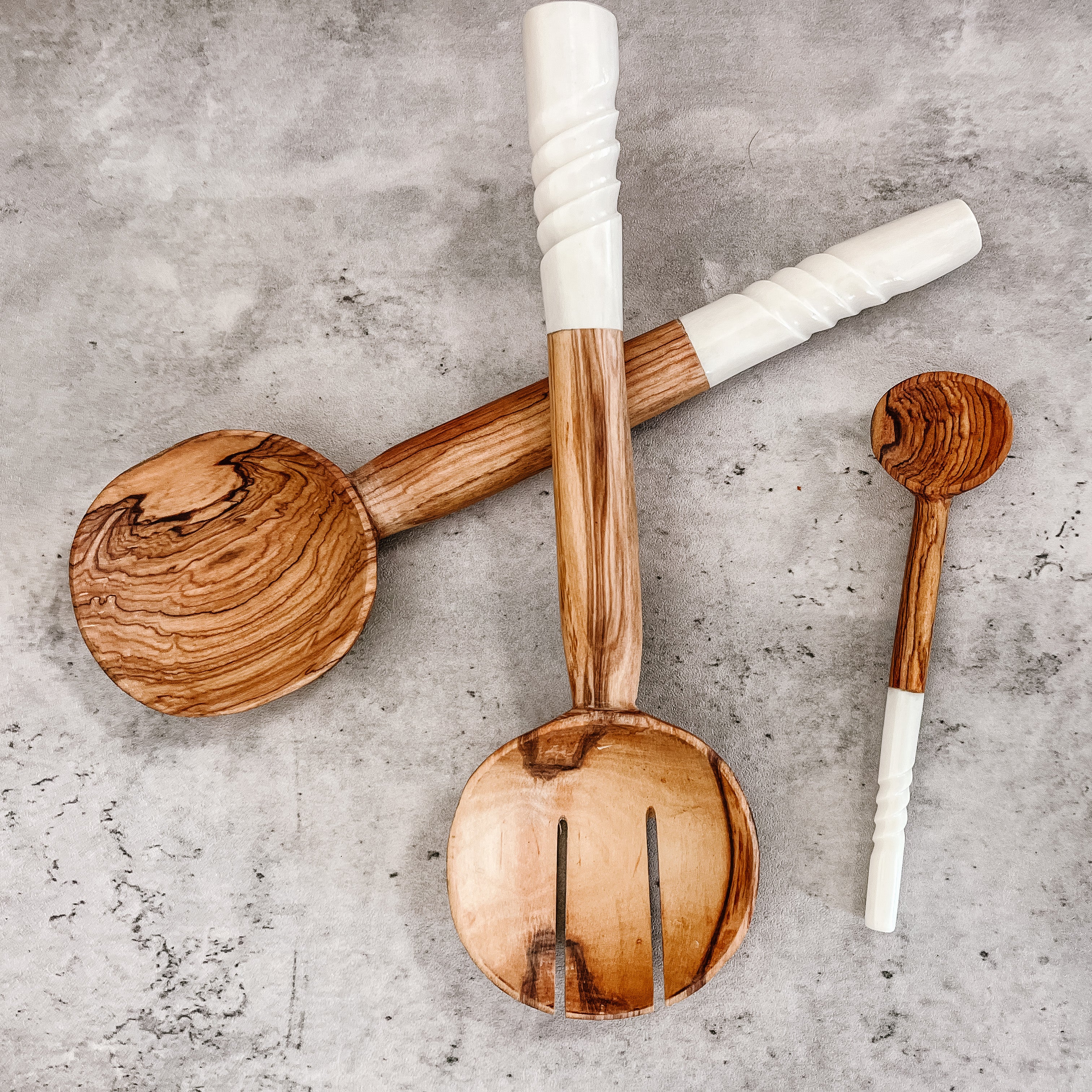 JustOne's handcrafted wooden salad spoons with handles made from ethically sourced bone, handcrafted in Kenya