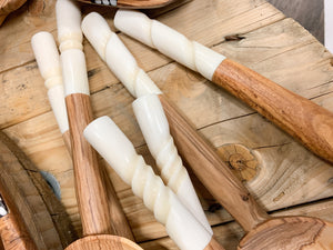 JustOne's handcrafted wooden salad spoons with handles made from ethically sourced bone, handcrafted in Kenya